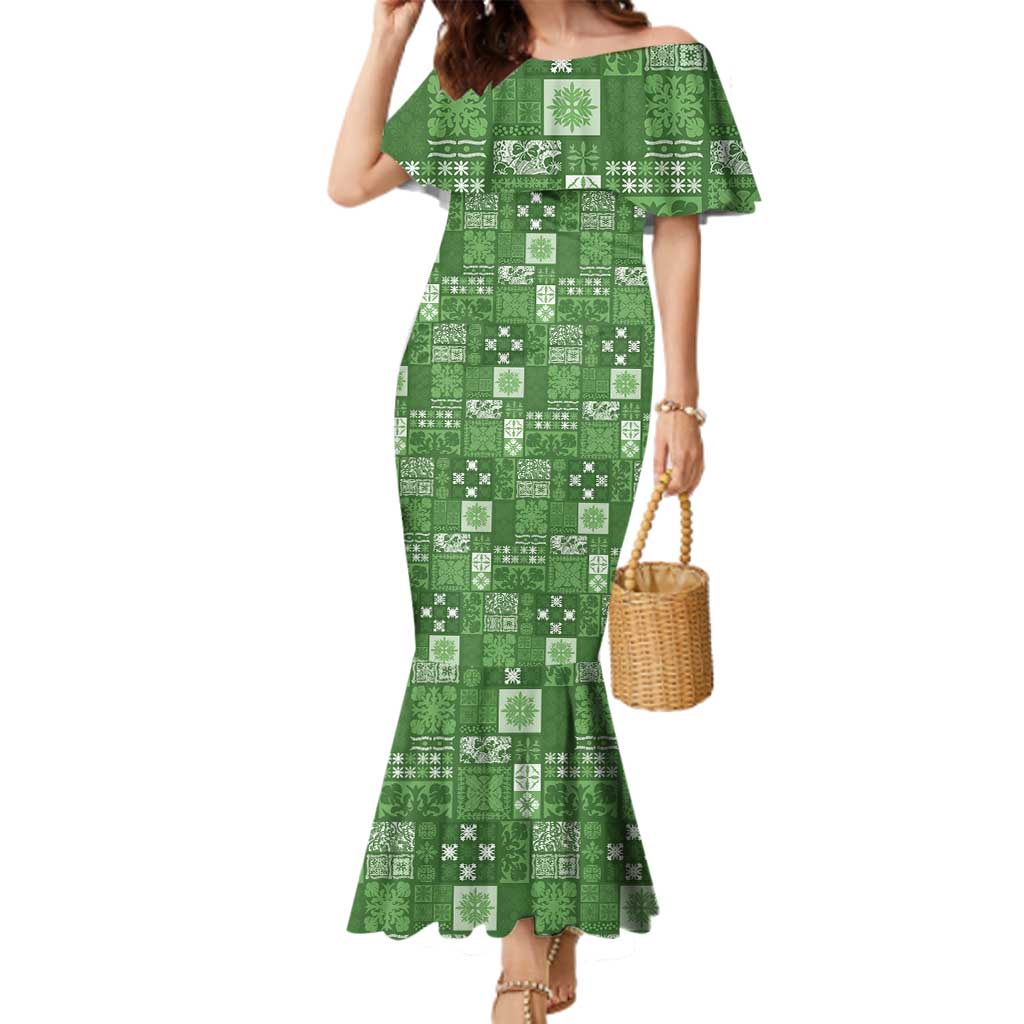 Vintage Hawaiian Quilting Patterns Family Matching Mermaid Dress and Hawaiian Shirt Green Style Tribal Fabric Patchwork - Polynesian Pride