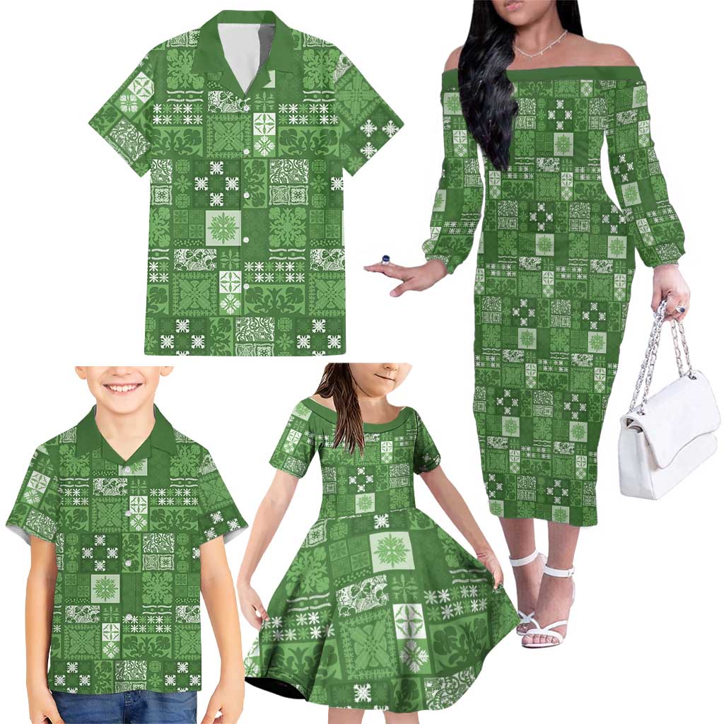Vintage Hawaiian Quilting Patterns Family Matching Off The Shoulder Long Sleeve Dress and Hawaiian Shirt Green Style Tribal Fabric Patchwork - Polynesian Pride