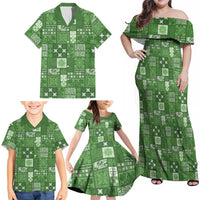 Vintage Hawaiian Quilting Patterns Family Matching Off Shoulder Maxi Dress and Hawaiian Shirt Green Style Tribal Fabric Patchwork - Polynesian Pride