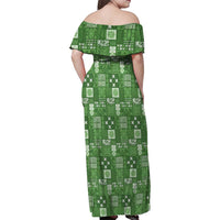 Vintage Hawaiian Quilting Patterns Family Matching Off Shoulder Maxi Dress and Hawaiian Shirt Green Style Tribal Fabric Patchwork - Polynesian Pride