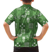 Vintage Hawaiian Quilting Patterns Family Matching Off Shoulder Short Dress and Hawaiian Shirt Green Style Tribal Fabric Patchwork - Polynesian Pride