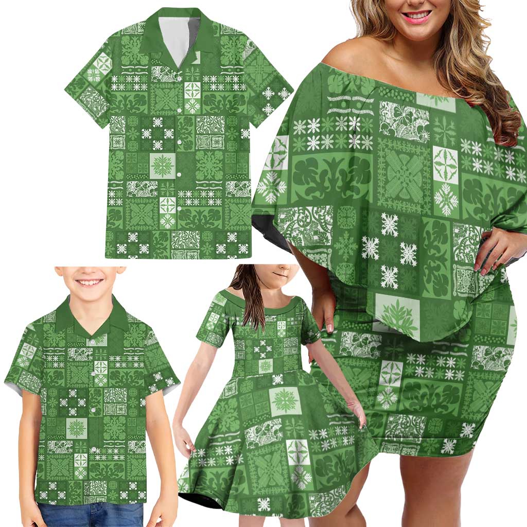Vintage Hawaiian Quilting Patterns Family Matching Off Shoulder Short Dress and Hawaiian Shirt Green Style Tribal Fabric Patchwork - Polynesian Pride