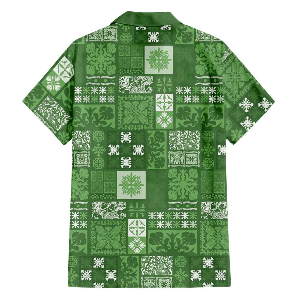 Vintage Hawaiian Quilting Patterns Family Matching Off Shoulder Short Dress and Hawaiian Shirt Green Style Tribal Fabric Patchwork - Polynesian Pride