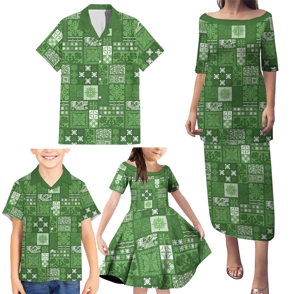 Vintage Hawaiian Quilting Patterns Family Matching Puletasi and Hawaiian Shirt Green Style Tribal Fabric Patchwork - Polynesian Pride