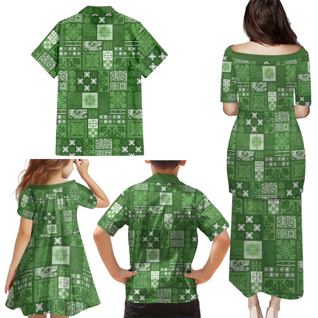 Vintage Hawaiian Quilting Patterns Family Matching Puletasi and Hawaiian Shirt Green Style Tribal Fabric Patchwork - Polynesian Pride