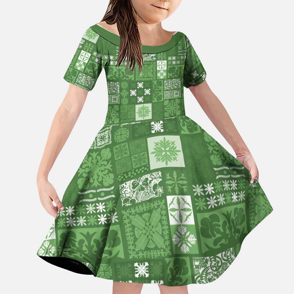 Vintage Hawaiian Quilting Patterns Family Matching Short Sleeve Bodycon Dress and Hawaiian Shirt Green Style Tribal Fabric Patchwork LT9 Daughter's Dress Green - Polynesian Pride