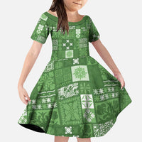 Vintage Hawaiian Quilting Patterns Family Matching Short Sleeve Bodycon Dress and Hawaiian Shirt Green Style Tribal Fabric Patchwork LT9 Daughter's Dress Green - Polynesian Pride
