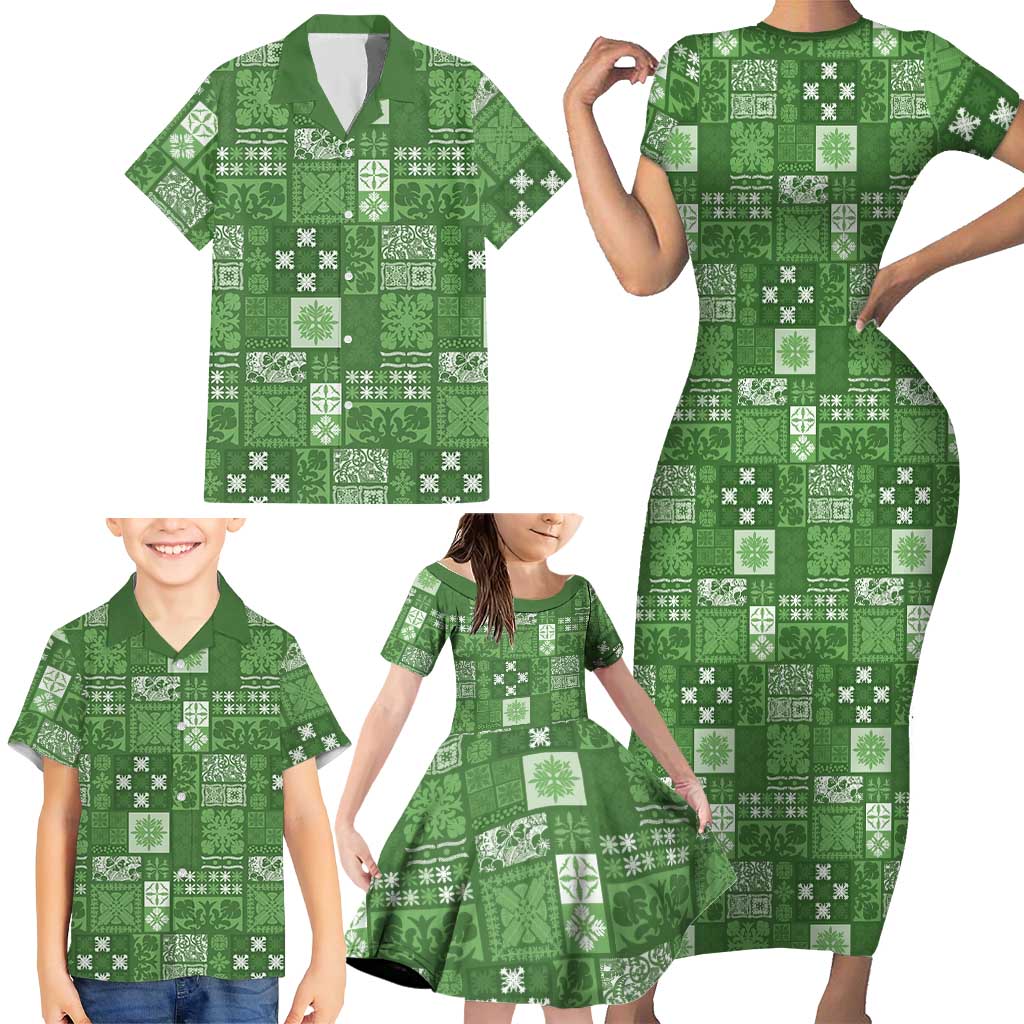 Vintage Hawaiian Quilting Patterns Family Matching Short Sleeve Bodycon Dress and Hawaiian Shirt Green Style Tribal Fabric Patchwork LT9 - Polynesian Pride