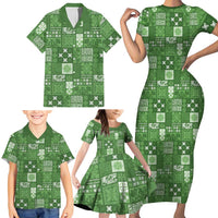 Vintage Hawaiian Quilting Patterns Family Matching Short Sleeve Bodycon Dress and Hawaiian Shirt Green Style Tribal Fabric Patchwork LT9 - Polynesian Pride