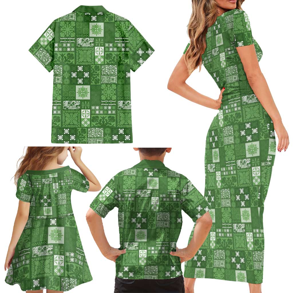 Vintage Hawaiian Quilting Patterns Family Matching Short Sleeve Bodycon Dress and Hawaiian Shirt Green Style Tribal Fabric Patchwork LT9 - Polynesian Pride