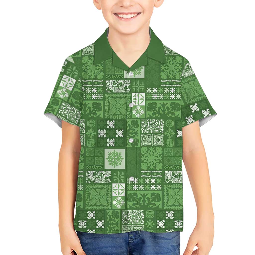Vintage Hawaiian Quilting Patterns Family Matching Short Sleeve Bodycon Dress and Hawaiian Shirt Green Style Tribal Fabric Patchwork LT9 Son's Shirt Green - Polynesian Pride