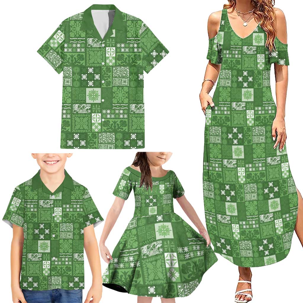 Vintage Hawaiian Quilting Patterns Family Matching Summer Maxi Dress and Hawaiian Shirt Green Style Tribal Fabric Patchwork - Polynesian Pride