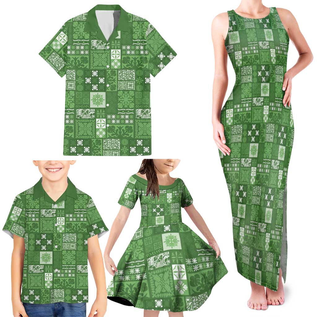 Vintage Hawaiian Quilting Patterns Family Matching Tank Maxi Dress and Hawaiian Shirt Green Style Tribal Fabric Patchwork - Polynesian Pride