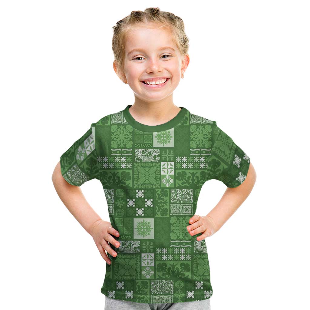 Vintage Hawaiian Quilting Patterns Kid T Shirt Green Style Tribal Fabric Patchwork - Polynesian Pride