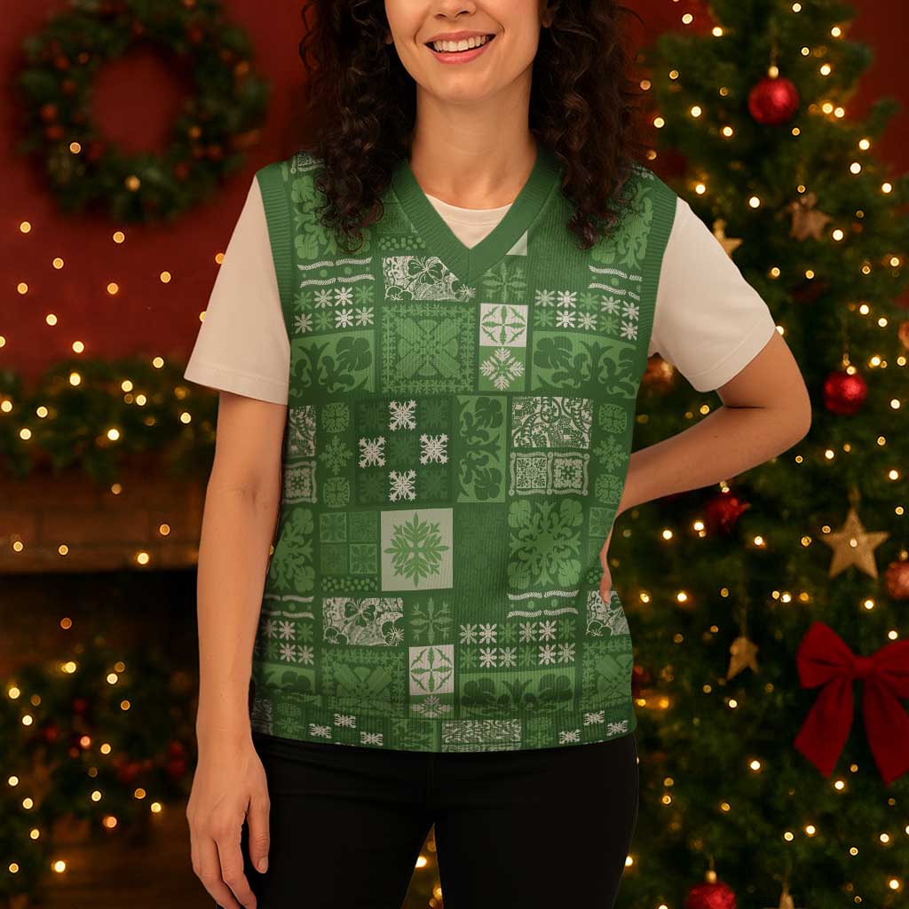 Vintage Hawaiian Quilting Patterns Christmas Knitted V-Neck Vest Green Style Tribal Fabric Patchwork - Polynesian Pride
