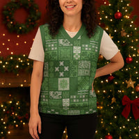 Vintage Hawaiian Quilting Patterns Christmas Knitted V-Neck Vest Green Style Tribal Fabric Patchwork - Polynesian Pride