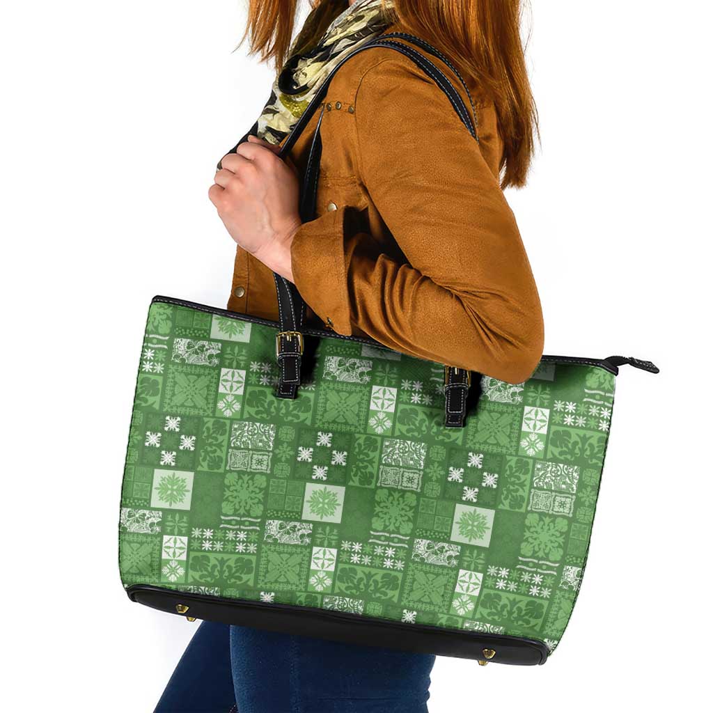 Vintage Hawaiian Quilting Patterns Leather Tote Bag Green Style Tribal Fabric Patchwork - Polynesian Pride