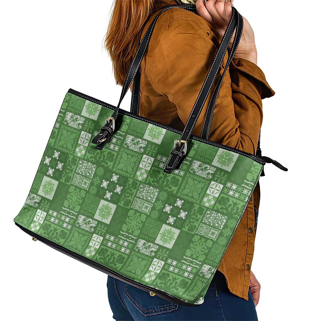 Vintage Hawaiian Quilting Patterns Leather Tote Bag Green Style Tribal Fabric Patchwork LT9 - Polynesian Pride