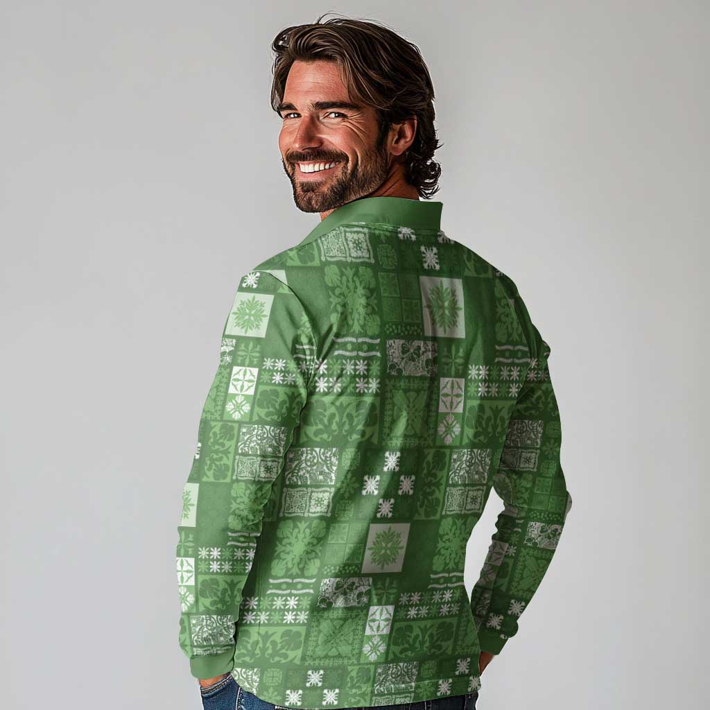 Vintage Hawaiian Quilting Patterns Long Sleeve Polo Shirt Green Style Tribal Fabric Patchwork - Polynesian Pride