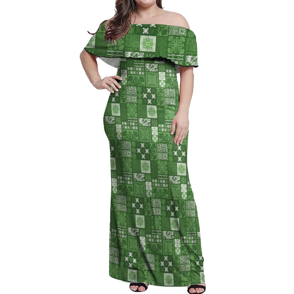 Vintage Hawaiian Quilting Patterns Off Shoulder Maxi Dress Green Style Tribal Fabric Patchwork - Polynesian Pride