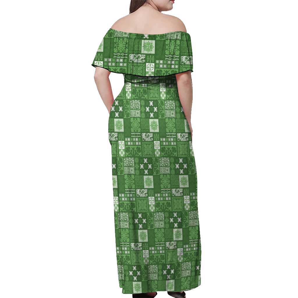 Vintage Hawaiian Quilting Patterns Off Shoulder Maxi Dress Green Style Tribal Fabric Patchwork - Polynesian Pride