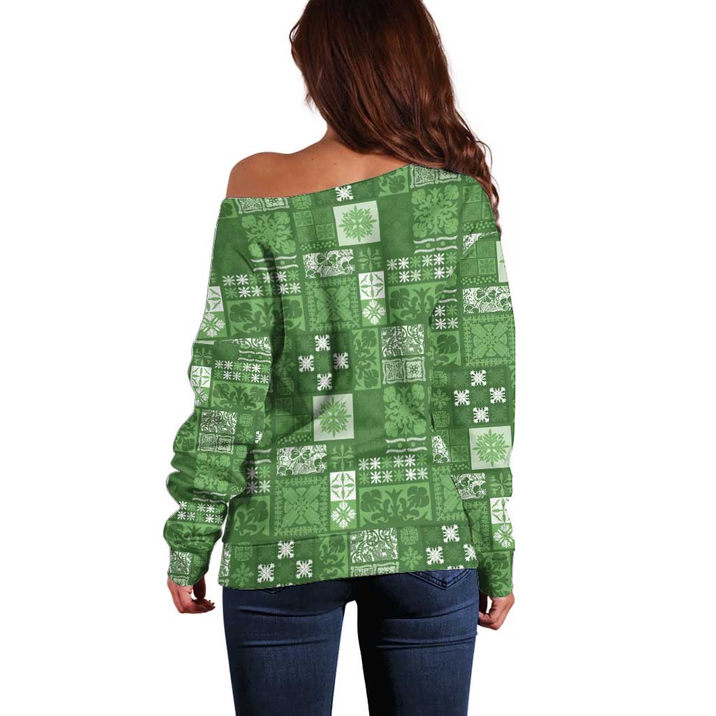 Vintage Hawaiian Quilting Patterns Off Shoulder Sweater Green Style Tribal Fabric Patchwork - Polynesian Pride