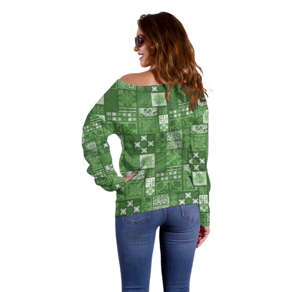 Vintage Hawaiian Quilting Patterns Off Shoulder Sweater Green Style Tribal Fabric Patchwork - Polynesian Pride