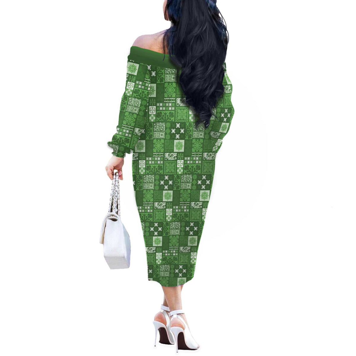 Vintage Hawaiian Quilting Patterns Off The Shoulder Long Sleeve Dress Green Style Tribal Fabric Patchwork - Polynesian Pride