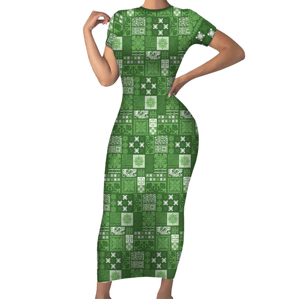 Vintage Hawaiian Quilting Patterns Short Sleeve Bodycon Dress Green Style Tribal Fabric Patchwork - Polynesian Pride
