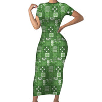 Vintage Hawaiian Quilting Patterns Short Sleeve Bodycon Dress Green Style Tribal Fabric Patchwork - Polynesian Pride