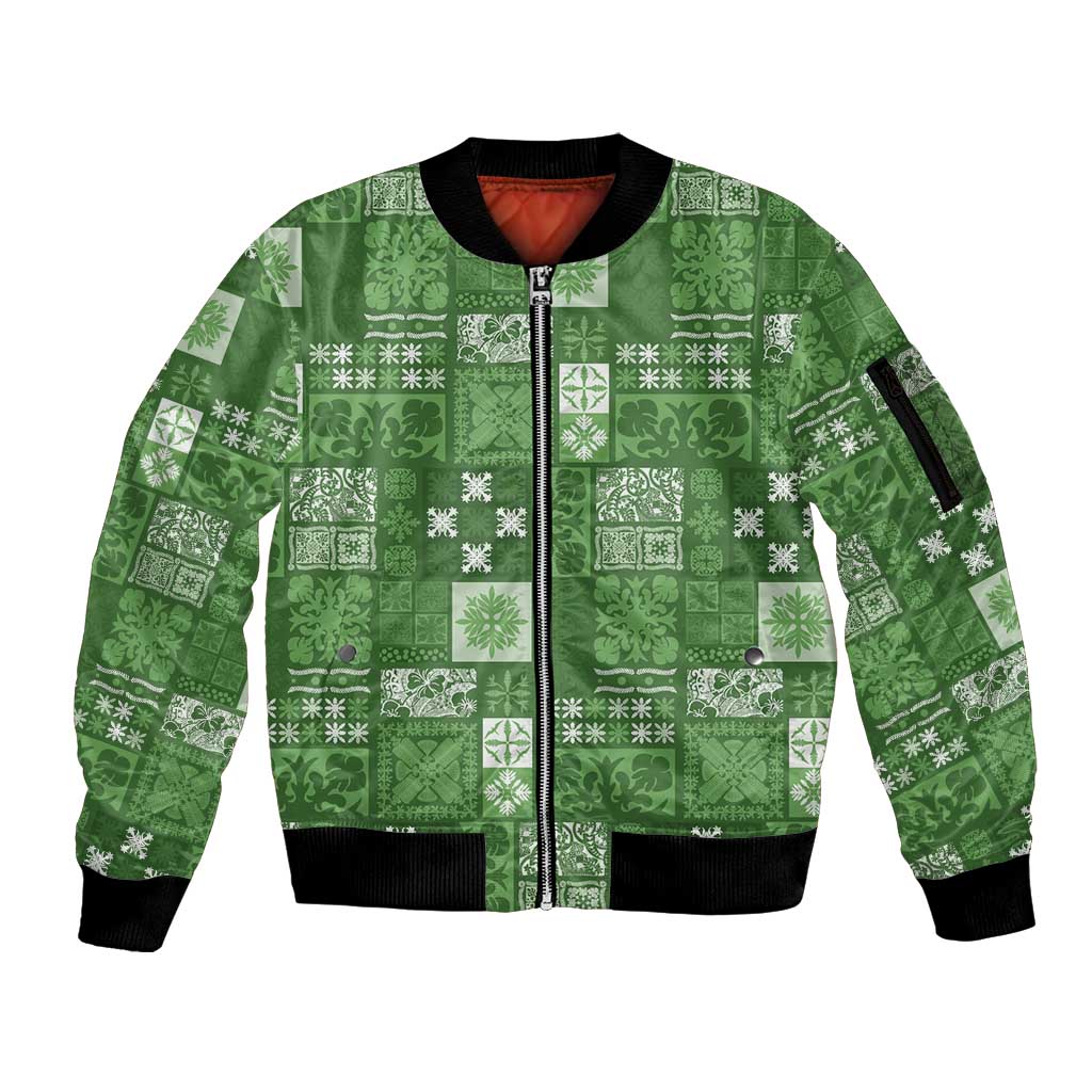 Vintage Hawaiian Quilting Patterns Sleeve Zip Bomber Jacket Green Style Tribal Fabric Patchwork LT9 Unisex Green - Polynesian Pride