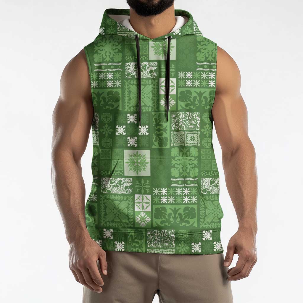 Vintage Hawaiian Quilting Patterns Sleeveless Hoodie Green Style Tribal Fabric Patchwork - Polynesian Pride