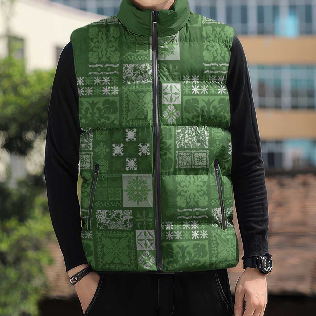 Vintage Hawaiian Quilting Patterns Sleeveless Puffer Jacket Green Style Tribal Fabric Patchwork - Polynesian Pride