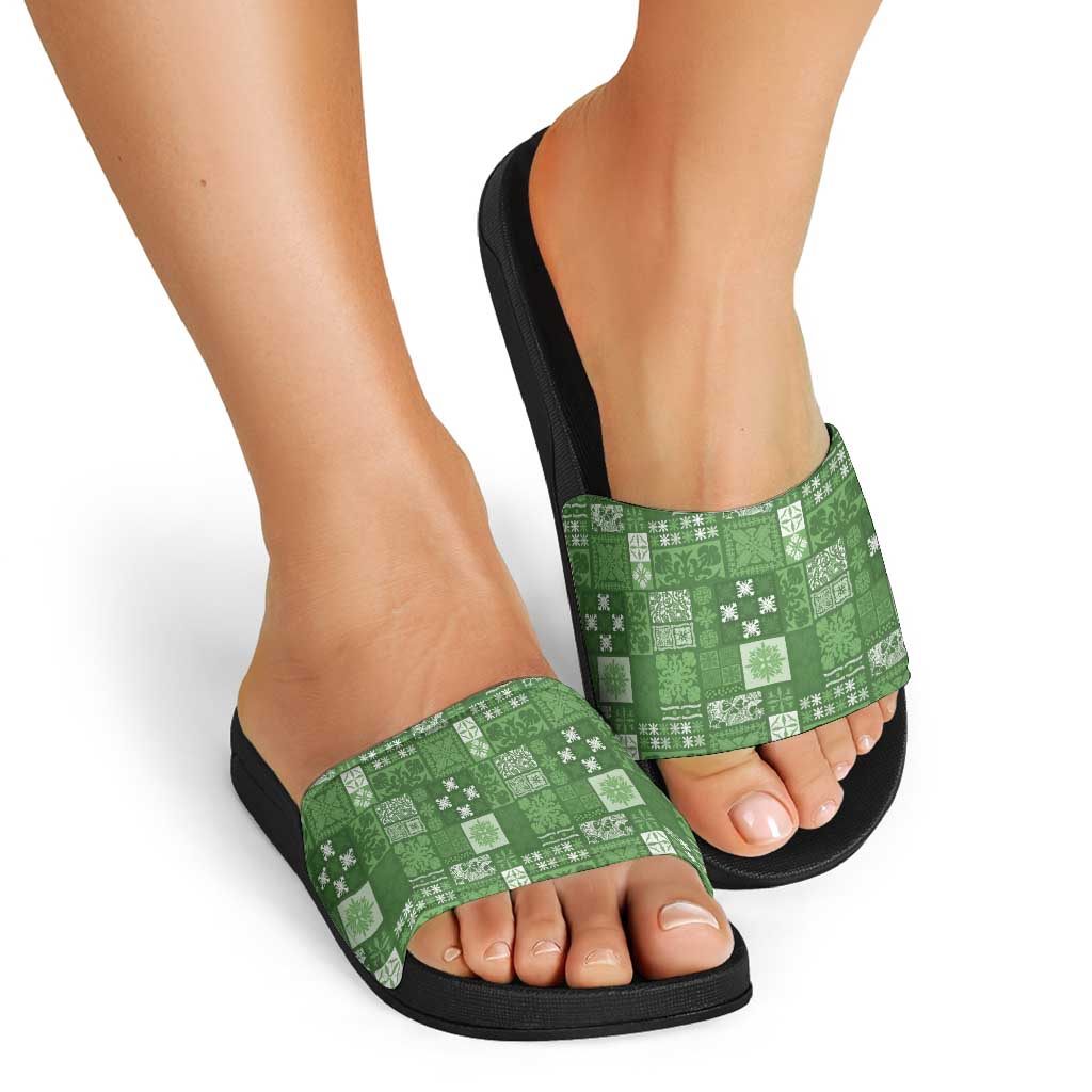 Vintage Hawaiian Quilting Patterns Slide Sandals Green Style Tribal Fabric Patchwork - Polynesian Pride