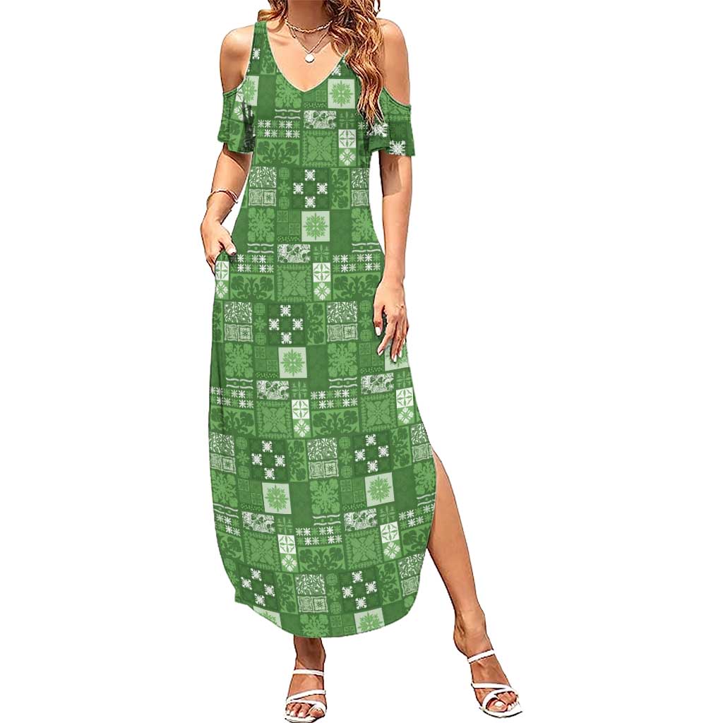Vintage Hawaiian Quilting Patterns Summer Maxi Dress Green Style Tribal Fabric Patchwork - Polynesian Pride
