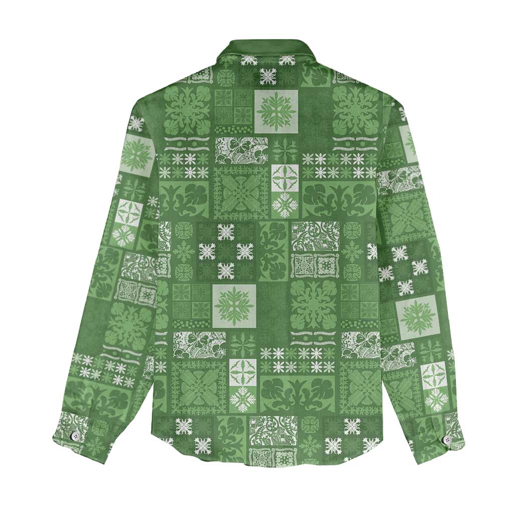Vintage Hawaiian Quilting Patterns Women Casual Shirt Green Style Tribal Fabric Patchwork - Polynesian Pride
