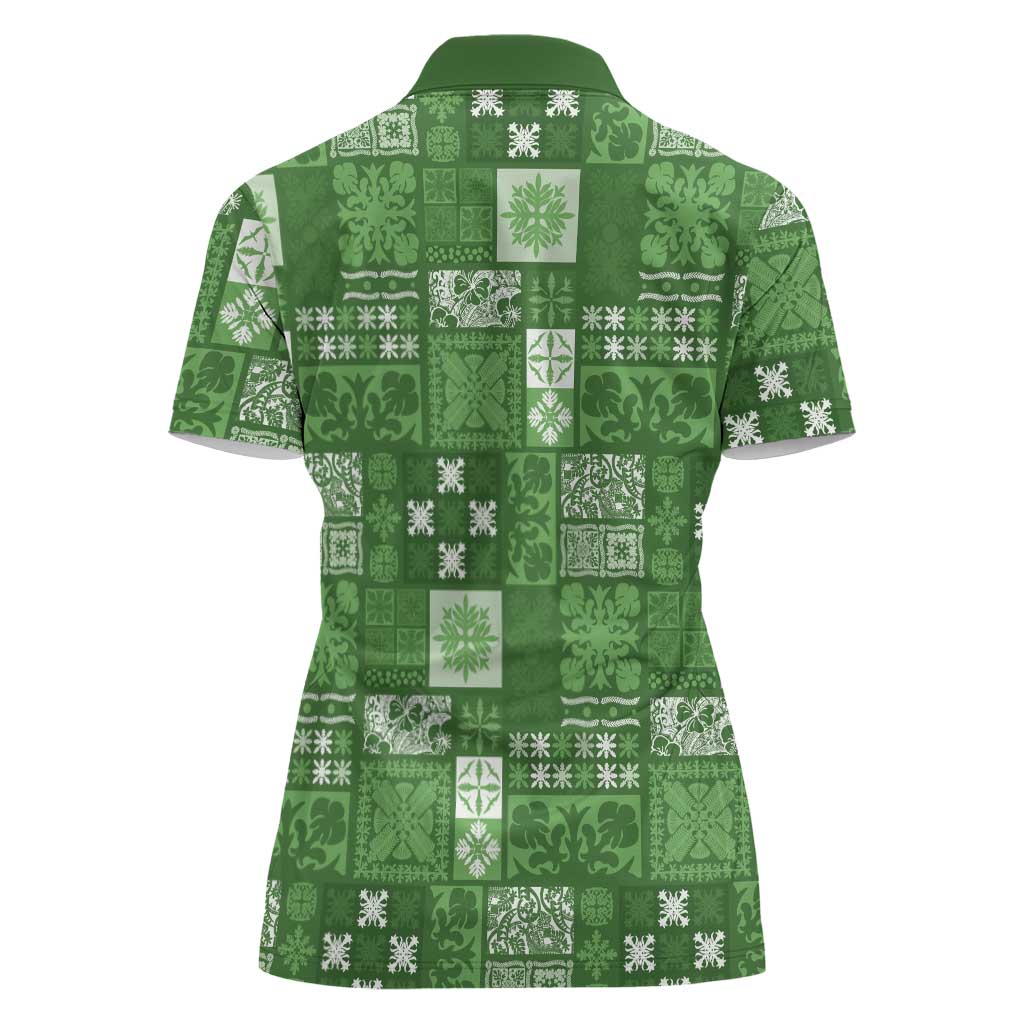 Vintage Hawaiian Quilting Patterns Women Polo Shirt Green Style Tribal Fabric Patchwork - Polynesian Pride