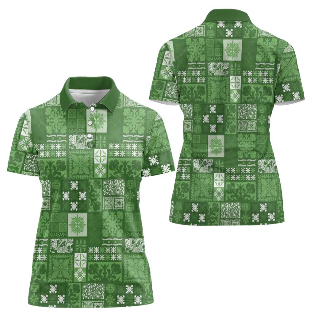 Vintage Hawaiian Quilting Patterns Women Polo Shirt Green Style Tribal Fabric Patchwork - Polynesian Pride