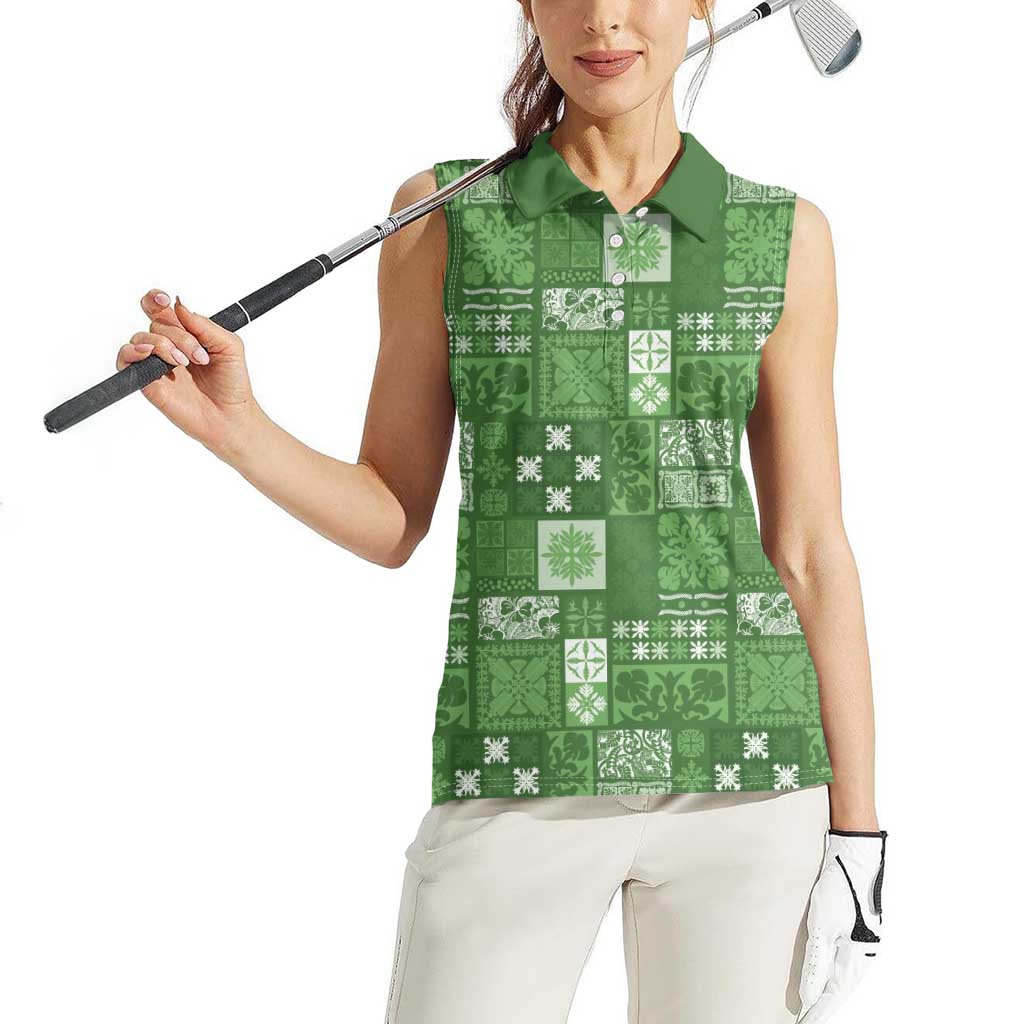 Vintage Hawaiian Quilting Patterns Women Sleeveless Polo Shirt Green Style Tribal Fabric Patchwork - Polynesian Pride
