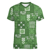Vintage Hawaiian Quilting Patterns Women V-Neck T-Shirt Green Style Tribal Fabric Patchwork - Polynesian Pride