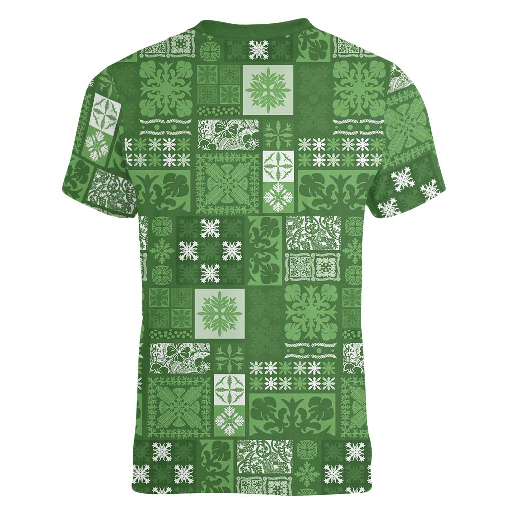 Vintage Hawaiian Quilting Patterns Women V-Neck T-Shirt Green Style Tribal Fabric Patchwork - Polynesian Pride