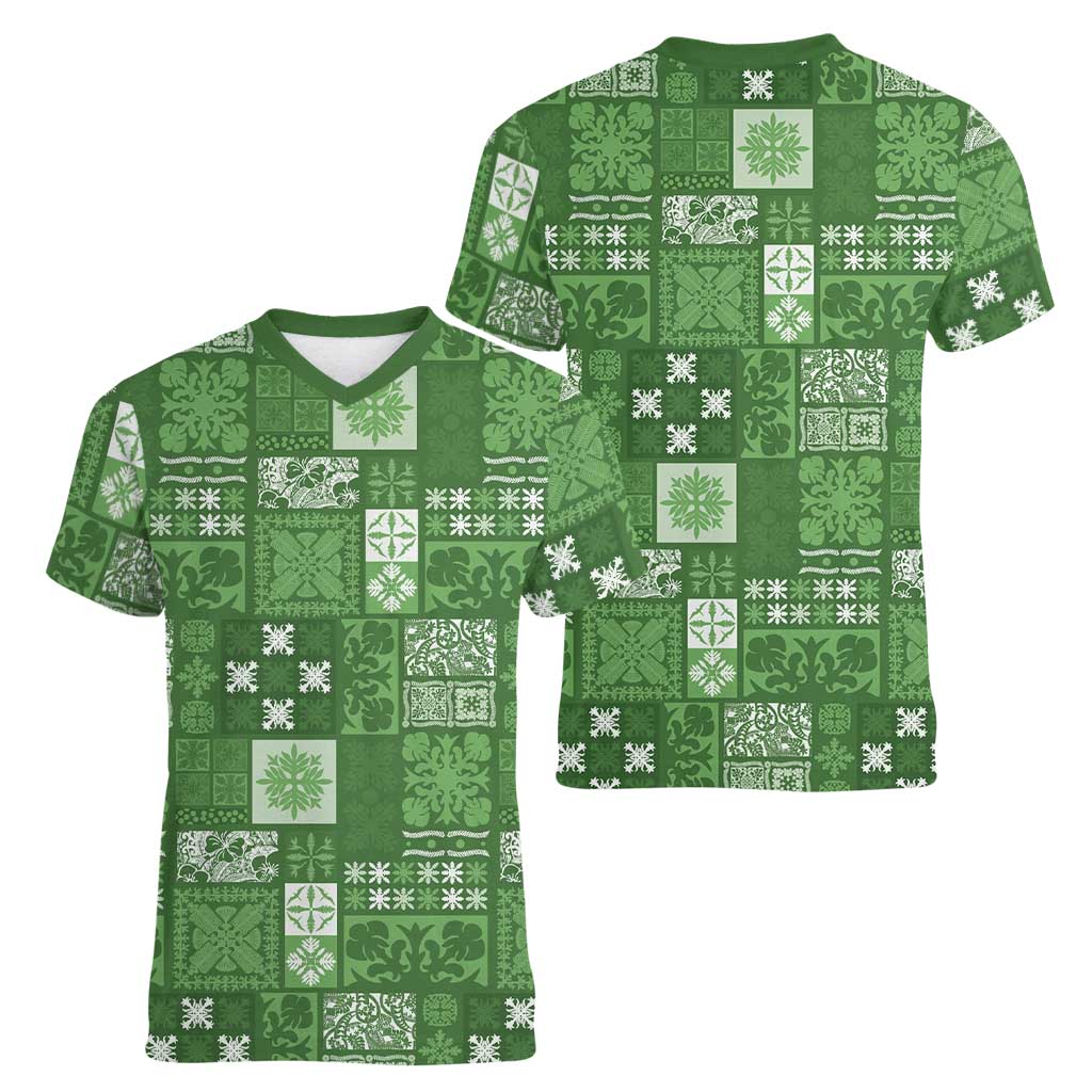 Vintage Hawaiian Quilting Patterns Women V-Neck T-Shirt Green Style Tribal Fabric Patchwork - Polynesian Pride