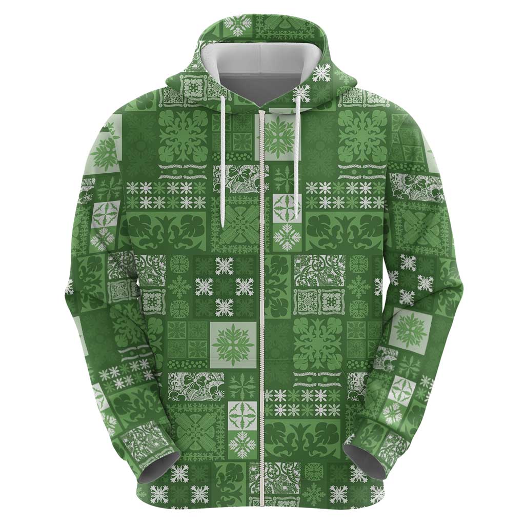 Vintage Hawaiian Quilting Patterns Zip Hoodie Green Style Tribal Fabric Patchwork - Polynesian Pride