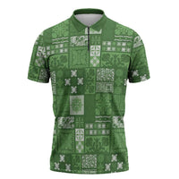 Vintage Hawaiian Quilting Patterns Zipper Polo Shirt Green Style Tribal Fabric Patchwork - Polynesian Pride
