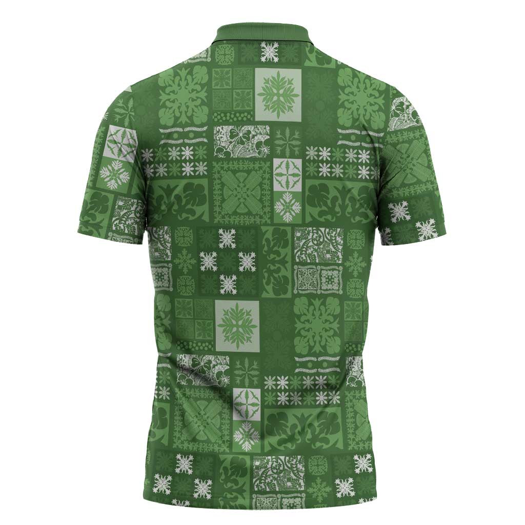 Vintage Hawaiian Quilting Patterns Zipper Polo Shirt Green Style Tribal Fabric Patchwork - Polynesian Pride