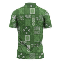 Vintage Hawaiian Quilting Patterns Zipper Polo Shirt Green Style Tribal Fabric Patchwork - Polynesian Pride