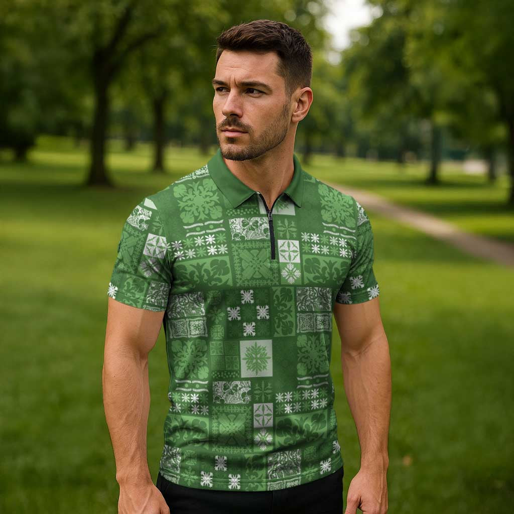 Vintage Hawaiian Quilting Patterns Zipper Polo Shirt Green Style Tribal Fabric Patchwork - Polynesian Pride