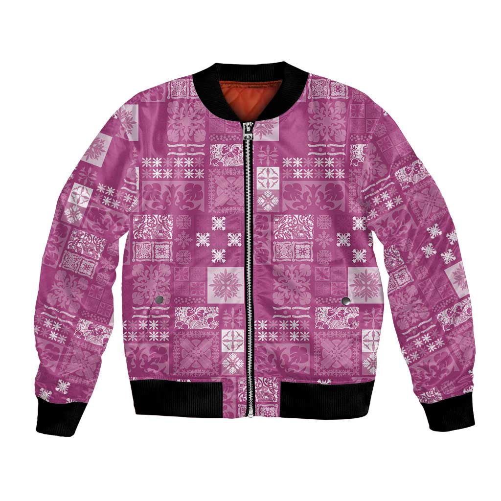 Vintage Hawaiian Quilting Patterns Bomber Jacket Pink Style Tribal Fabric Patchwork - Polynesian Pride