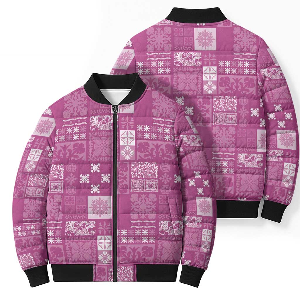 Vintage Hawaiian Quilting Patterns Bomber Puffer Jacket Pink Style Tribal Fabric Patchwork - Polynesian Pride