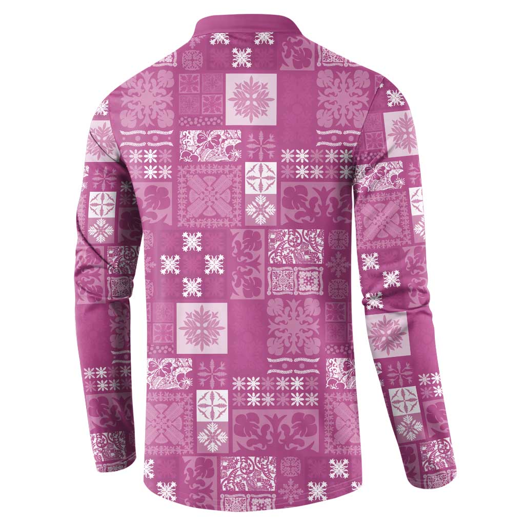Vintage Hawaiian Quilting Patterns Button Sweatshirt Pink Style Tribal Fabric Patchwork - Polynesian Pride